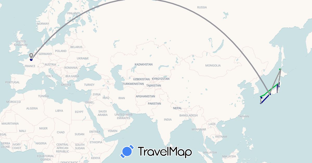TravelMap itinerary: driving, bus, plane, hiking in France, Japan (Asia, Europe)